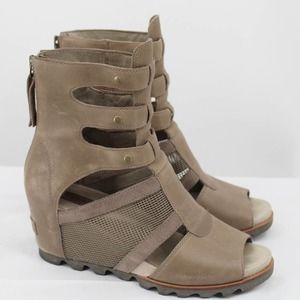 Sorel Joanie Gladiator Platform Wedge Sandals Tan Leather Mesh Zipper Size 9